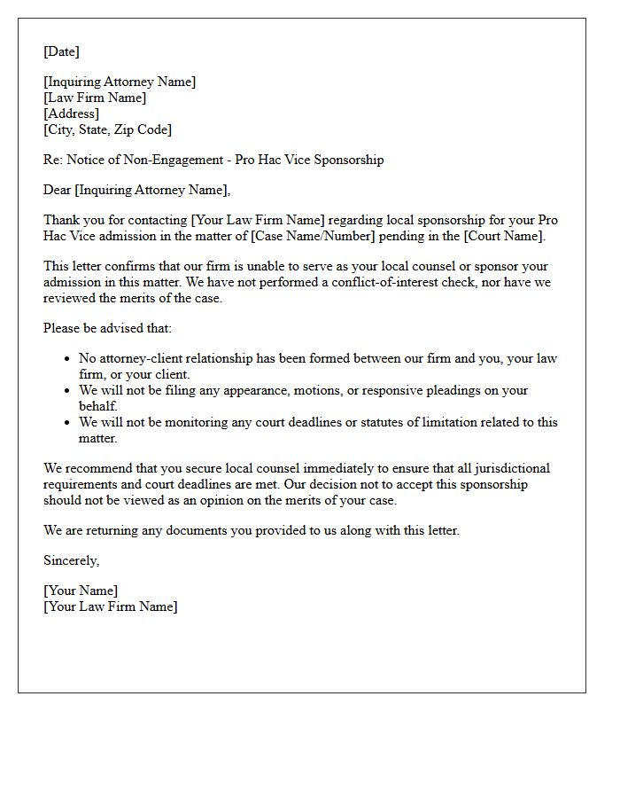 Pro Hac Vice Sponsorship Non-Engagement Letter