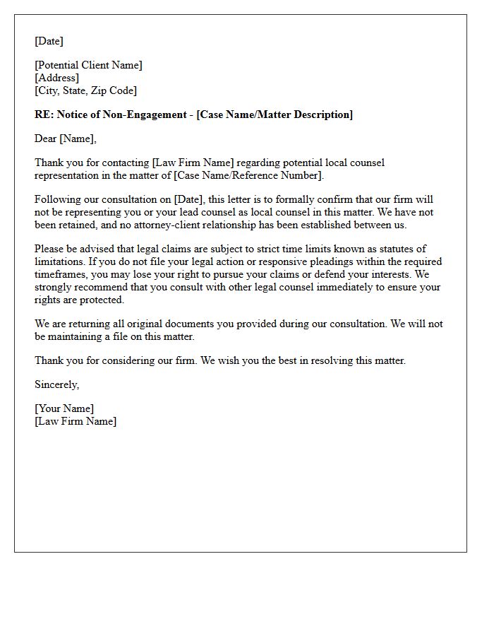Post-Consultation Local Counsel Non-Engagement Letter