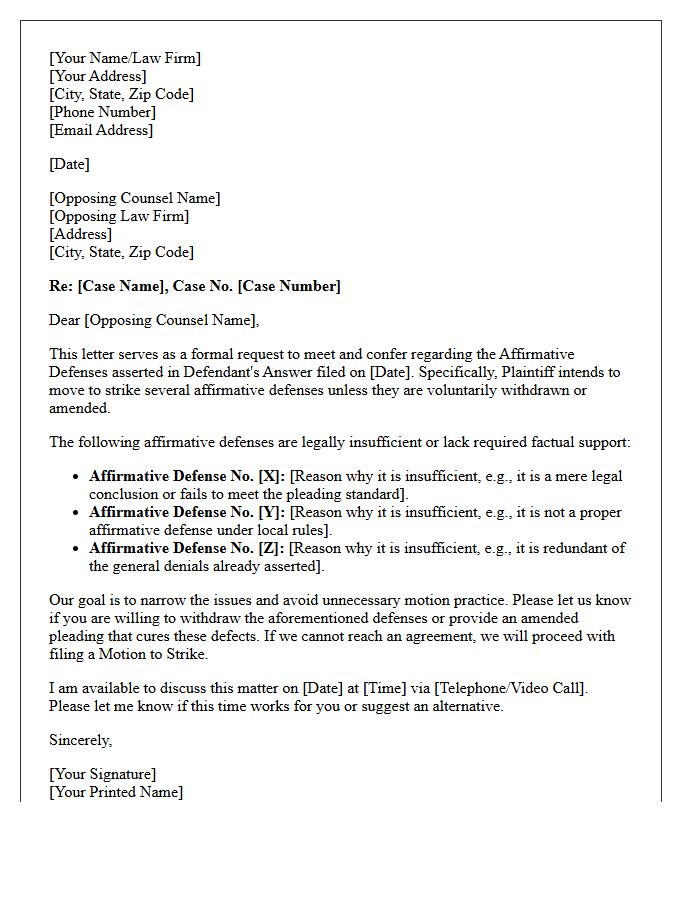 Good Faith Meet and Confer Letter Regarding Motion to Strike Affirmative Defenses