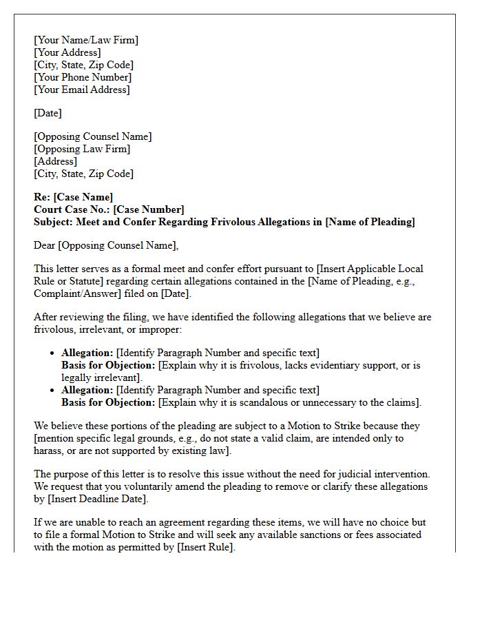 Formal Meet and Confer Letter Prior to Motion to Strike Frivolous Allegations