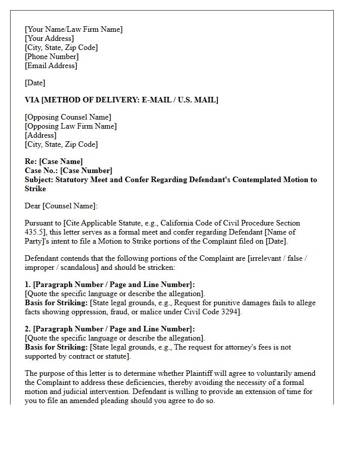 Statutory Meet and Confer Letter Before Filing a Motion to Strike the Complaint