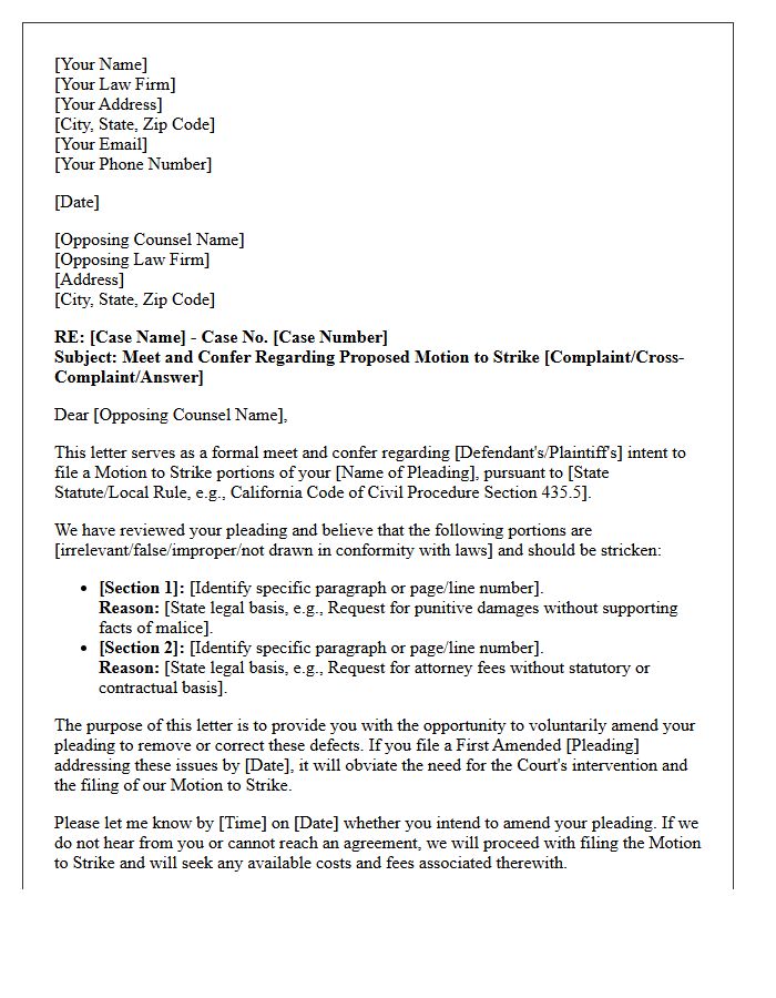 Meet and Confer Letter Demanding Pleading Amendments Prior to Motion to Strike