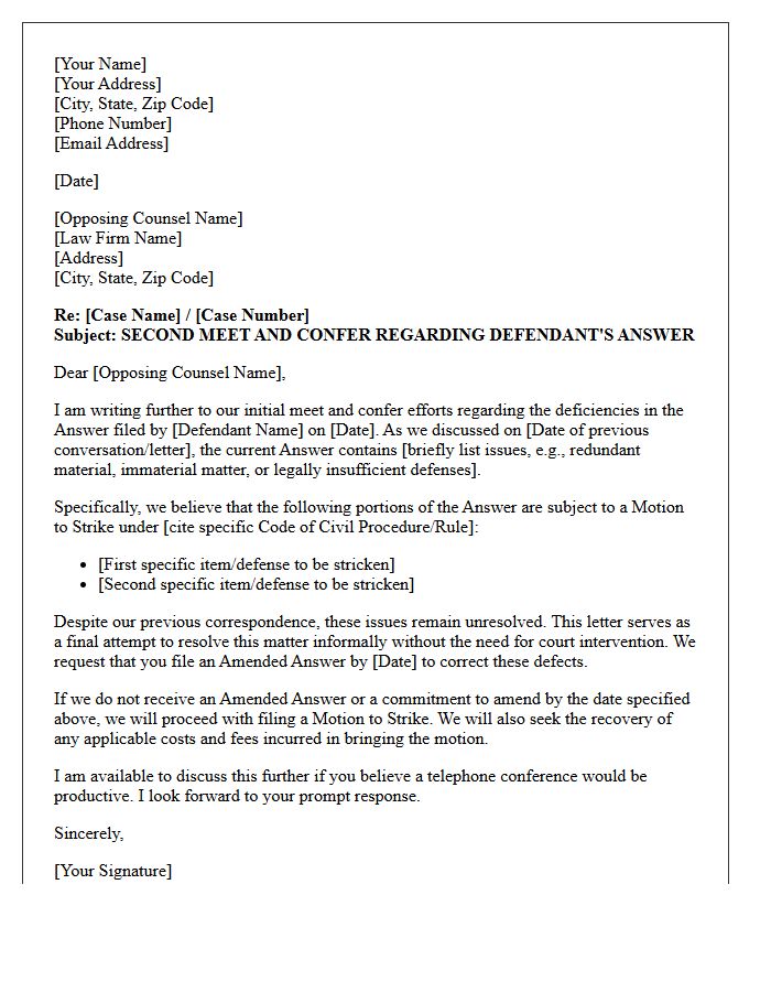Follow-Up Meet and Confer Letter Prior to Filing a Motion to Strike the Answer