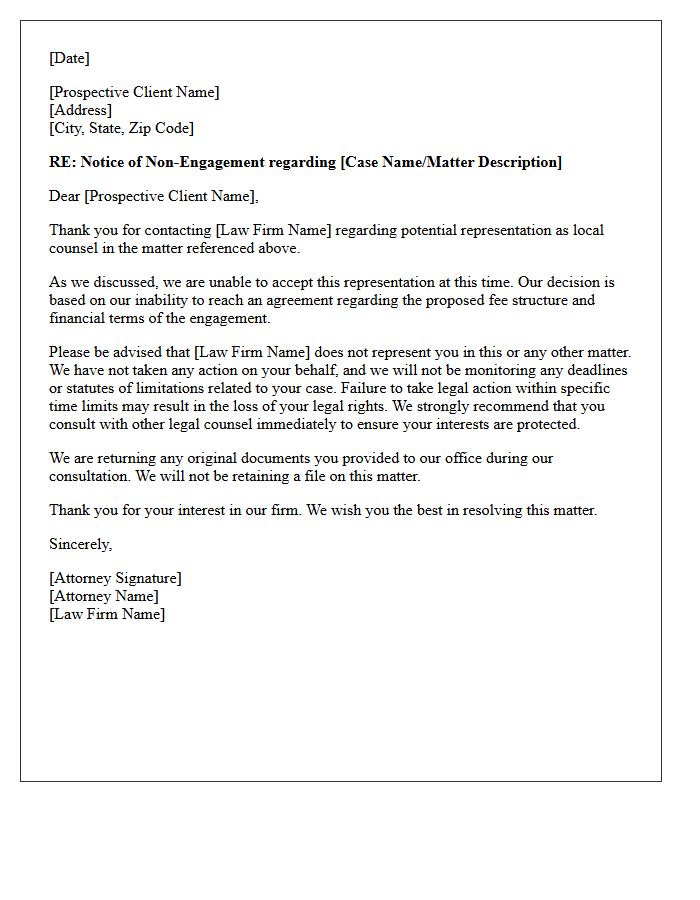 Fee Disagreement Local Counsel Non-Engagement Letter