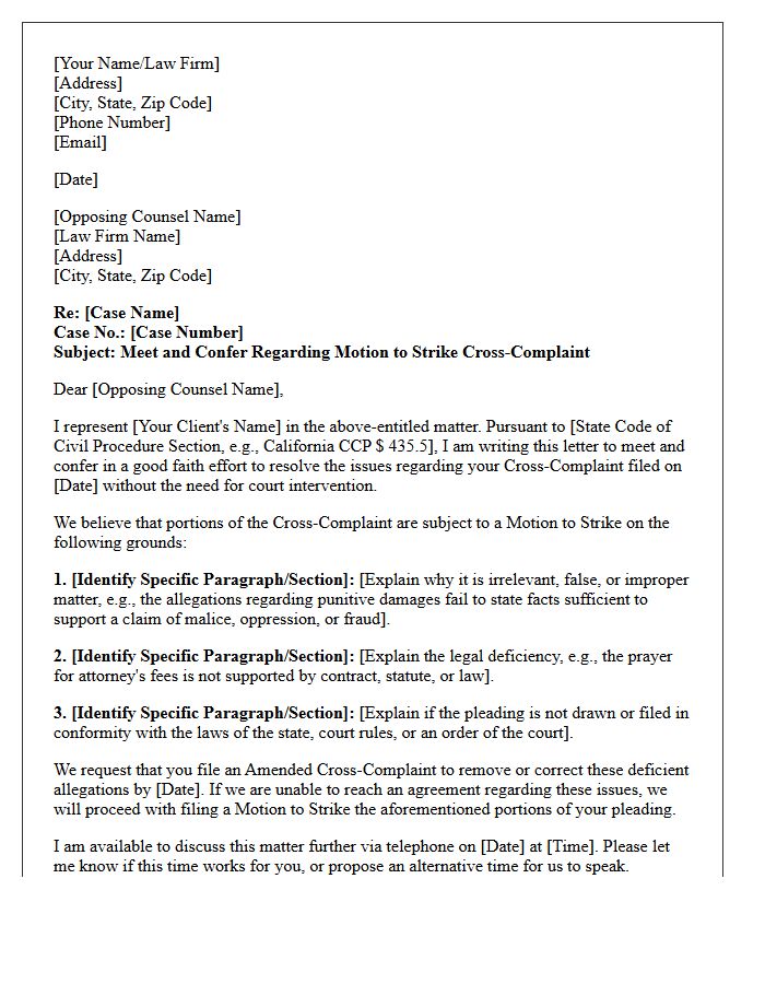 Draft Meet and Confer Letter Prior to Motion to Strike Cross-Complaint Pleadings