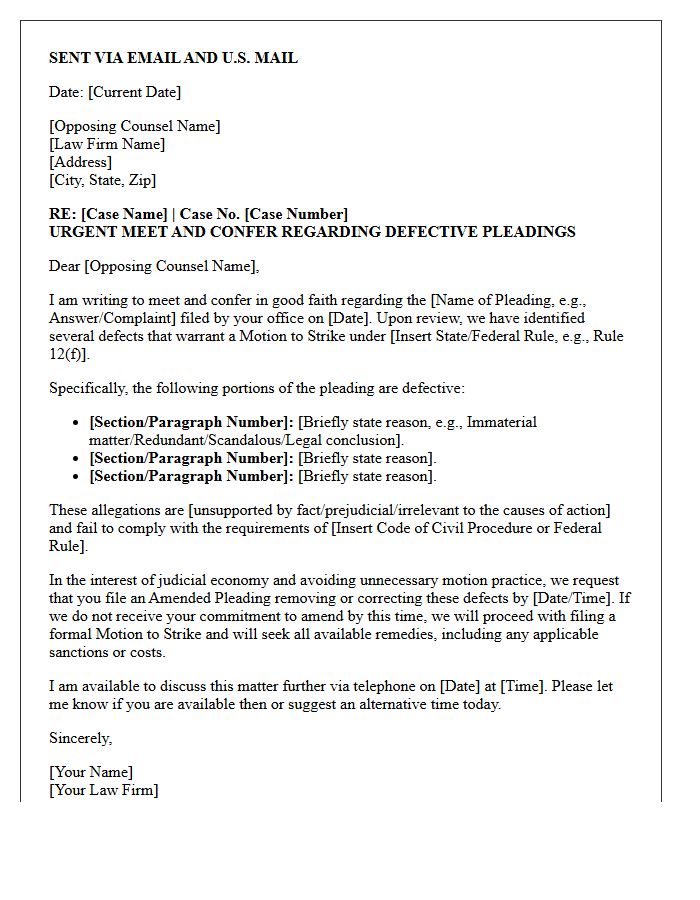 Urgent Meet and Confer Letter Addressing Defective Pleadings and Motion to Strike