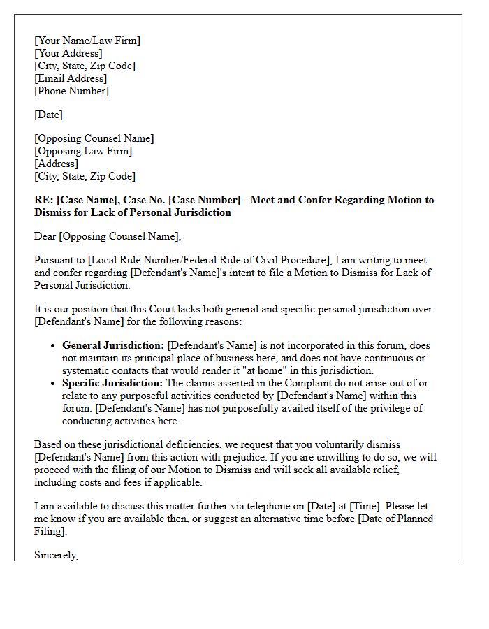 Meet and Confer Letter Prior to Filing a Motion to Dismiss for Lack of Personal Jurisdiction
