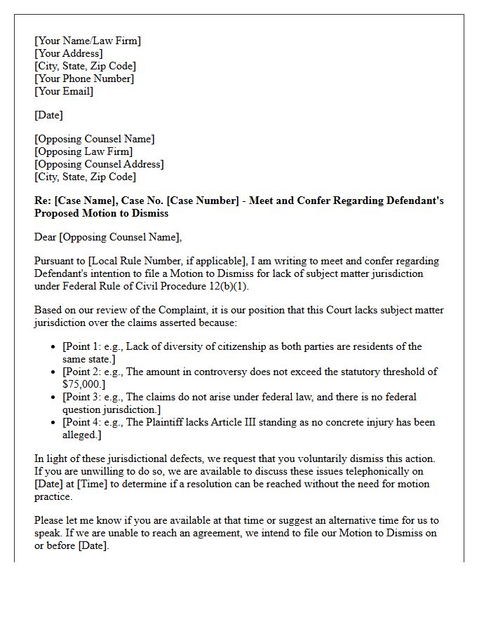 Meet and Confer Letter Prior to Filing a Motion to Dismiss for Lack of Subject Matter Jurisdiction