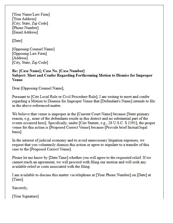 Meet and Confer Letter Prior to Filing a Motion to Dismiss for Improper Venue