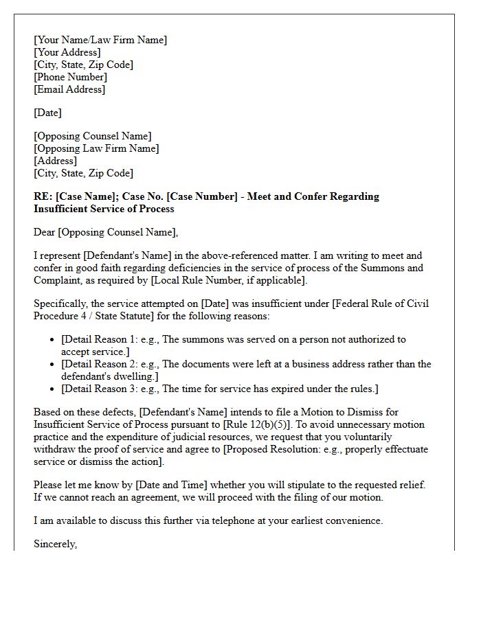 Meet and Confer Letter Prior to Filing a Motion to Dismiss for Insufficient Service of Process
