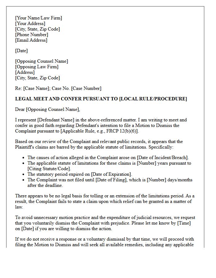 Meet and Confer Letter Prior to Filing a Motion to Dismiss Based on Statute of Limitations Expiration