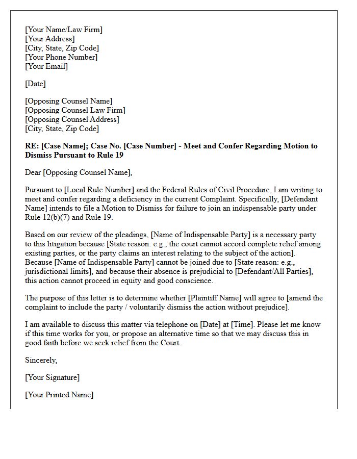 Meet and Confer Letter Prior to Filing a Motion to Dismiss for Failure to Join an Indispensable Party