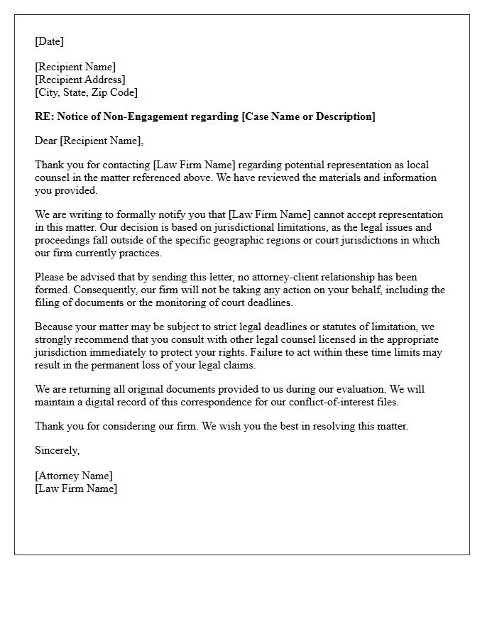 Jurisdictional Limitation Local Counsel Non-Engagement Letter