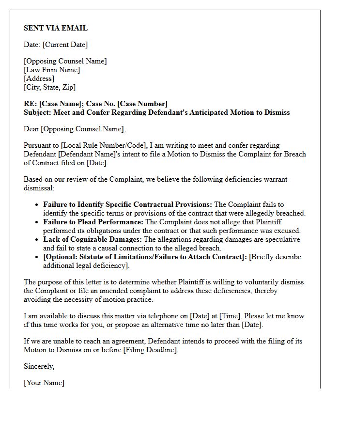 Meet and Confer Letter Prior to Filing a Motion to Dismiss a Breach of Contract Complaint