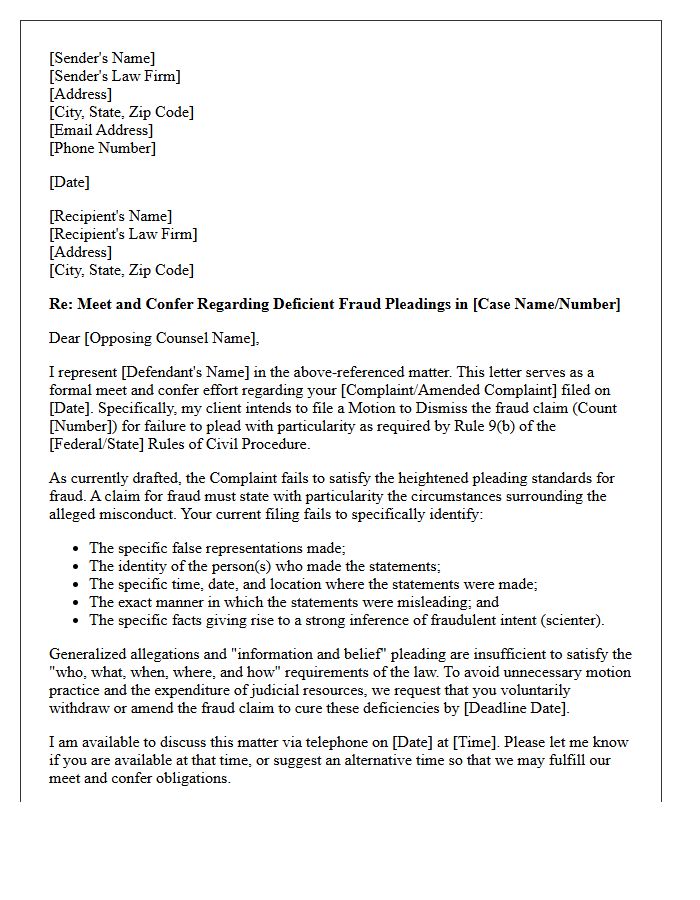 Meet and Confer Letter Prior to Filing a Motion to Dismiss a Fraud Claim Lacking Particularity