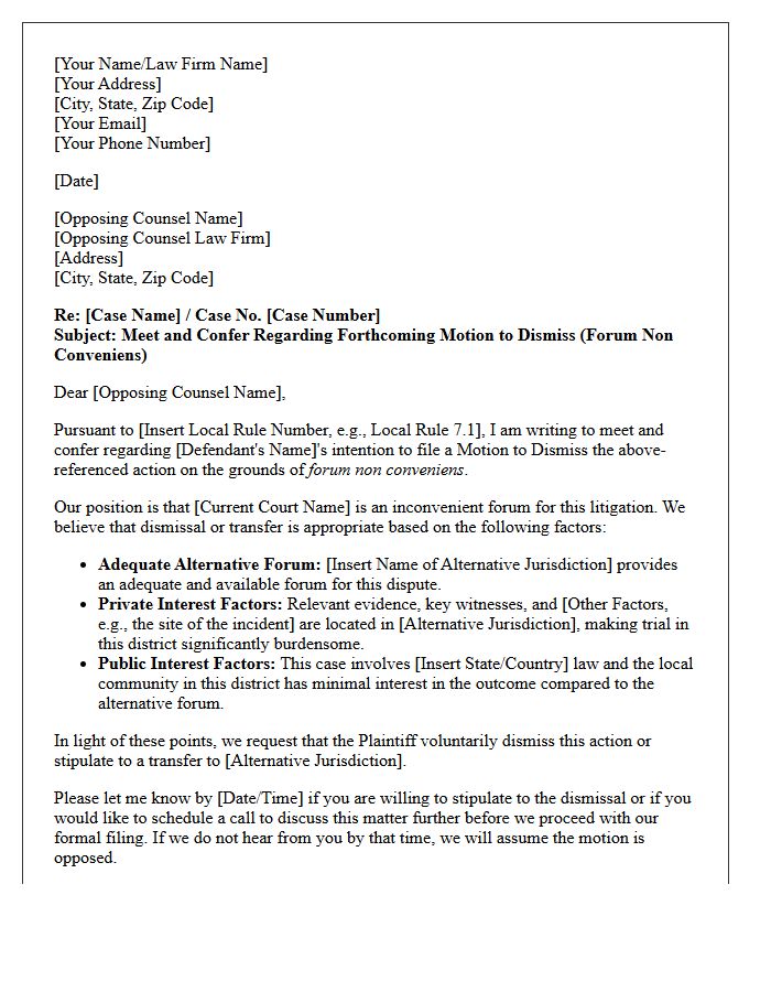 Meet and Confer Letter Prior to Filing a Motion to Dismiss for Forum Non Conveniens