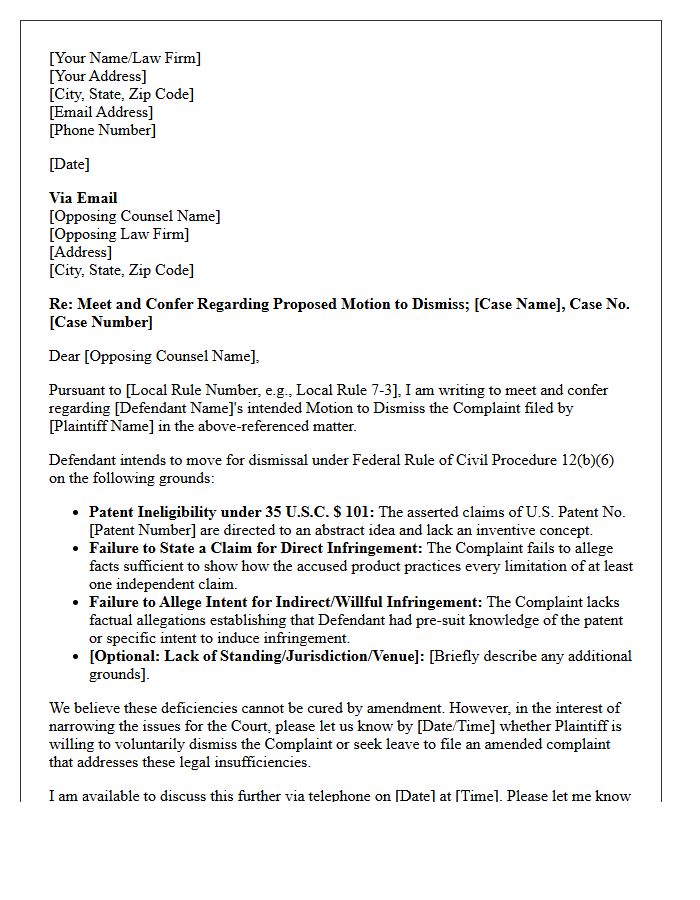 Meet and Confer Letter Prior to Filing a Motion to Dismiss a Patent Infringement Lawsuit