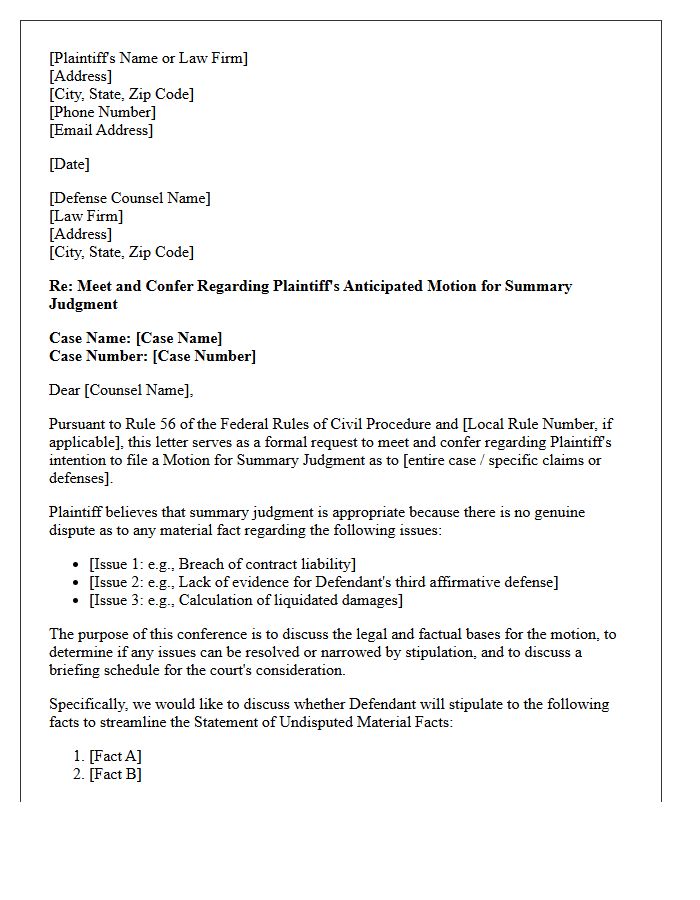Plaintiff's Meet and Confer Letter Pursuant to Rule 56 Summary Judgment