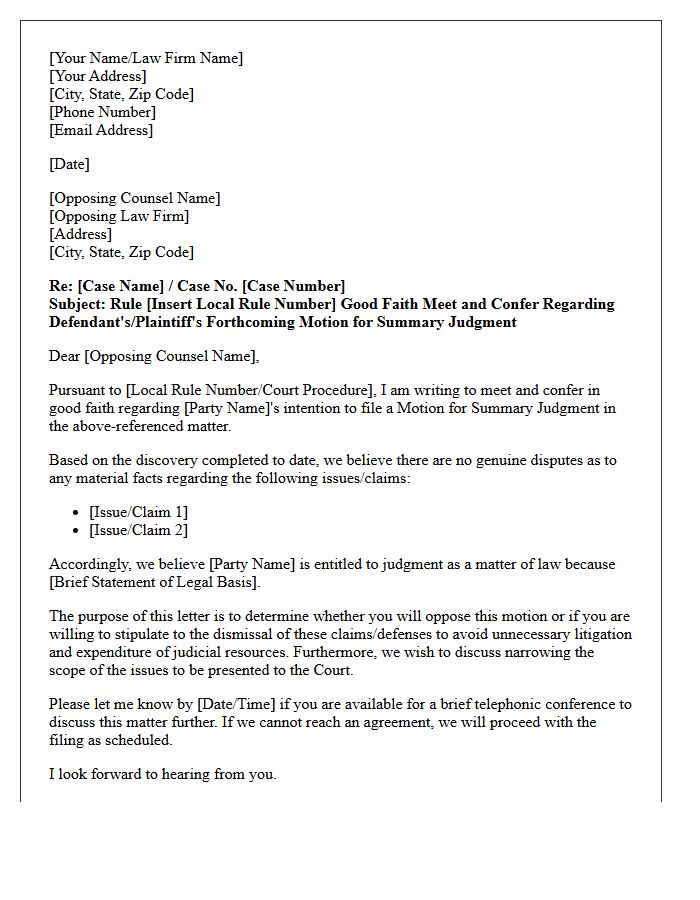 Good Faith Meet and Confer Letter Prior to Summary Judgment Filing
