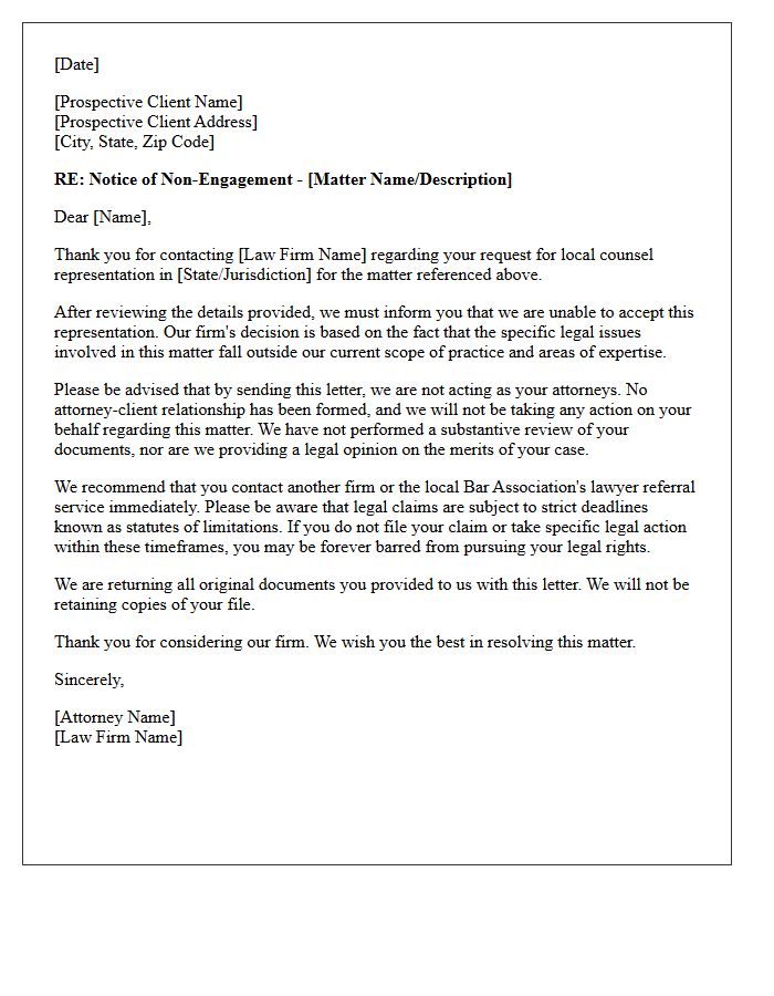 Outside Practice Scope Local Counsel Non-Engagement Letter
