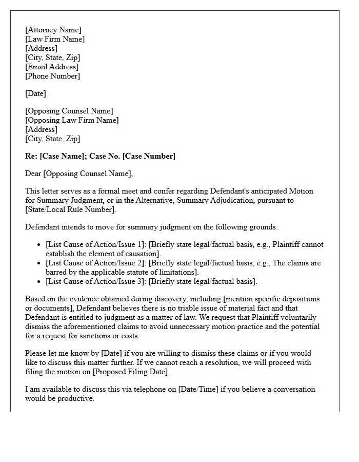 Defense Counsel Meet and Confer Letter on Motion for Summary Judgment