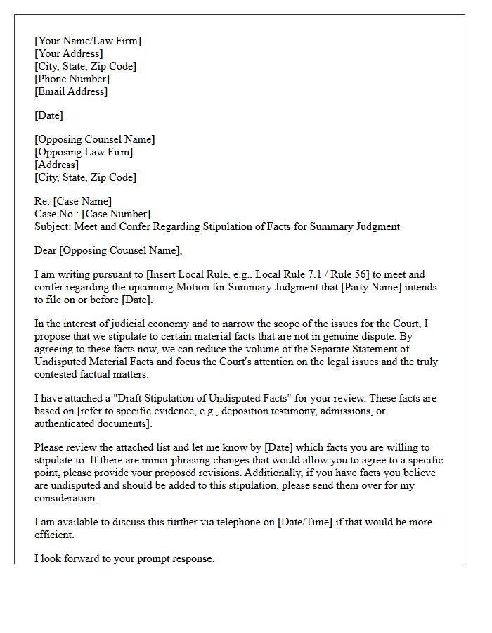 Meet and Confer Letter to Stipulate Facts Prior to Summary Judgment