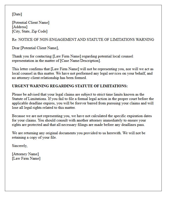Statute Of Limitations Warning Local Counsel Non-Engagement Letter