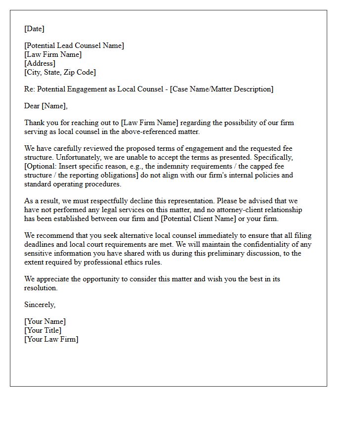 Unacceptable Terms Local Counsel Non-Engagement Letter