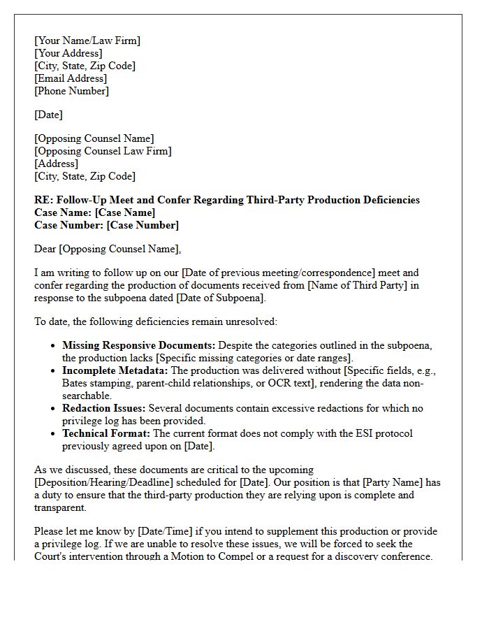 Follow-Up Meet and Confer Letter Regarding Third-Party Production Deficiencies