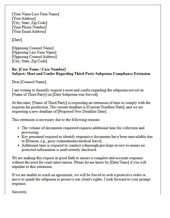 Meet and Confer Letter Requesting Deadline Extension for Third-Party Subpoena Compliance