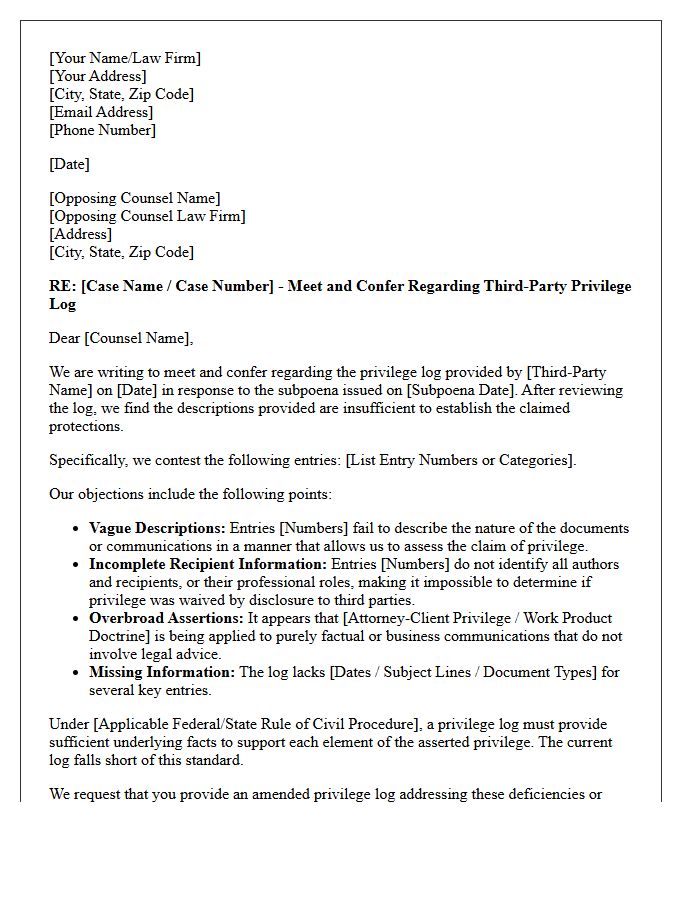 Meet and Confer Letter Contesting Privilege Logs in Third-Party Subpoena Production
