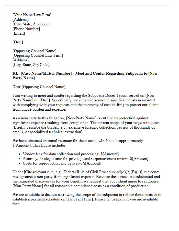 Meet and Confer Letter Regarding Cost-Shifting for Third-Party Subpoena Compliance