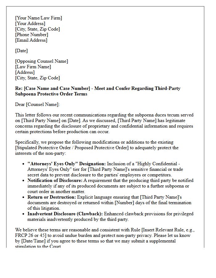 Meet and Confer Letter Negotiating Protective Order Terms for Third-Party Subpoena