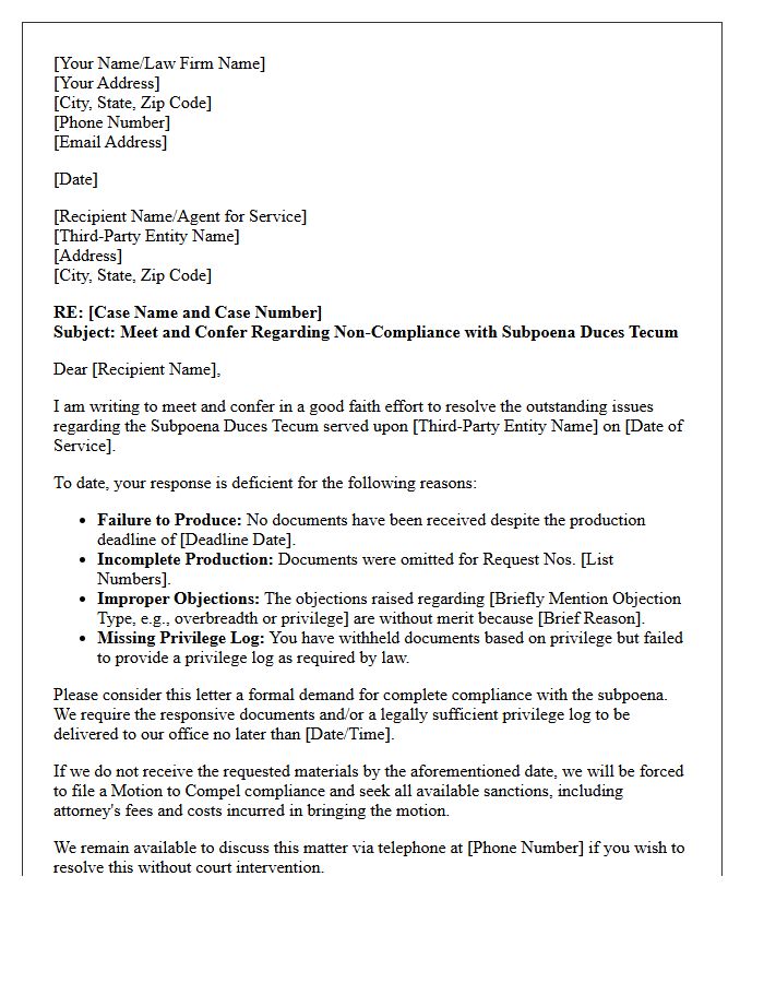 Meet and Confer Letter Demanding Complete Compliance with Third-Party Subpoena