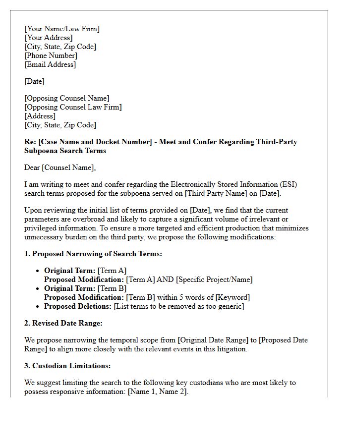 Meet and Confer Letter Proposing Modified ESI Search Terms for Third-Party Subpoena