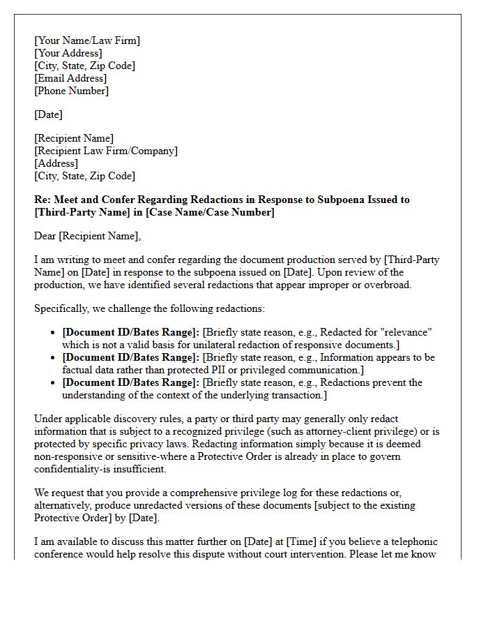 Meet and Confer Letter Resolving Redaction Disputes in Third-Party Subpoena Compliance