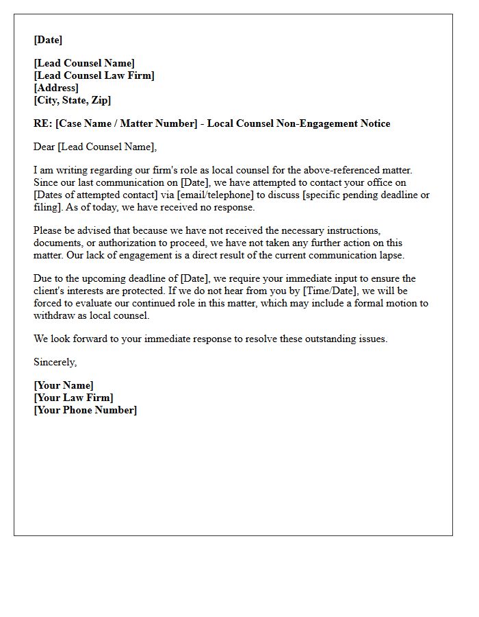 Lead Counsel Unresponsiveness Local Counsel Non-Engagement Letter