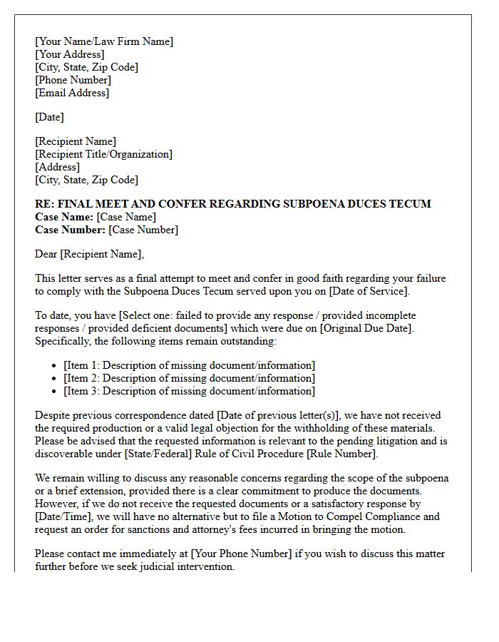 Final Meet and Confer Letter Prior to Motion to Compel Third-Party Subpoena Compliance