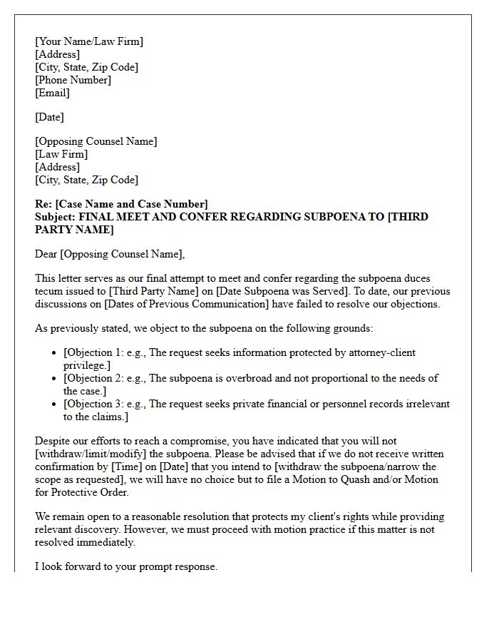 Final Meet and Confer Letter Prior to Motion to Quash Third-Party Subpoena