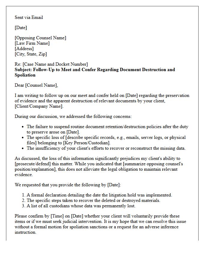 Follow-Up Meet and Confer Letter Addressing Document Destruction