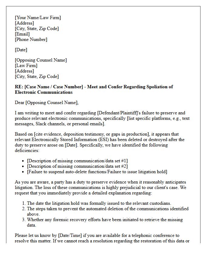 Meet and Confer Letter Regarding Spoliation of Electronic Communications