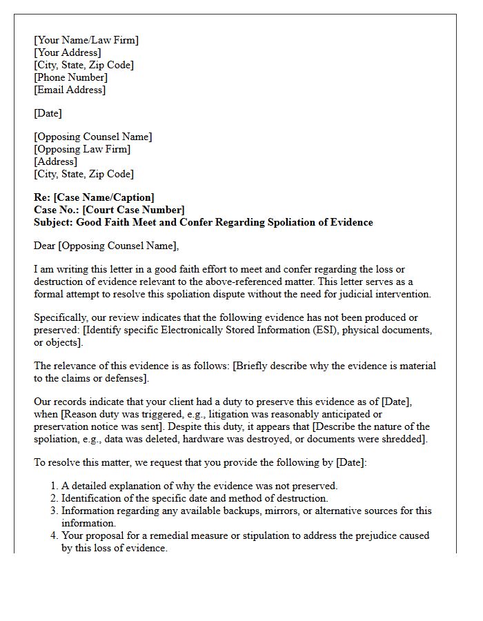 Good Faith Meet and Confer Letter Resolving Spoliation Disputes