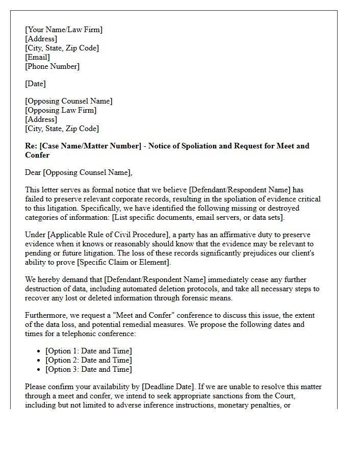 Notice and Meet and Confer Letter on Spoliation of Corporate Records