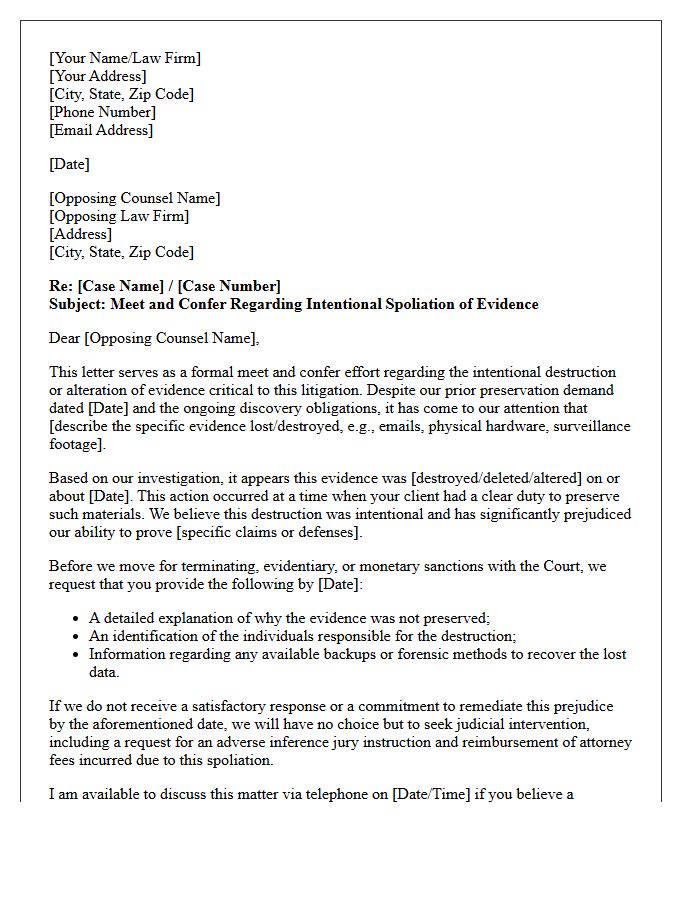 Meet and Confer Letter Regarding Intentional Spoliation of Evidence