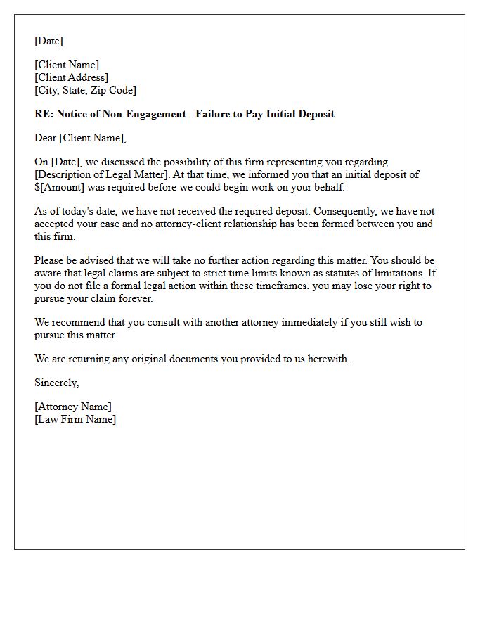 Failure To Pay Initial Deposit Non-Engagement Letter