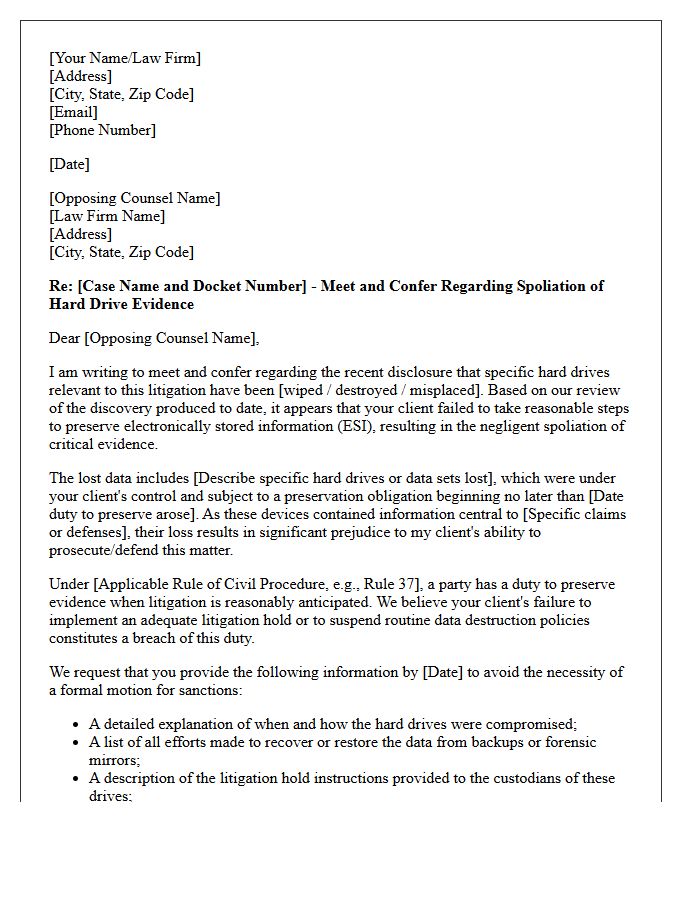Meet and Confer Letter Addressing Negligent Spoliation of Hard Drives