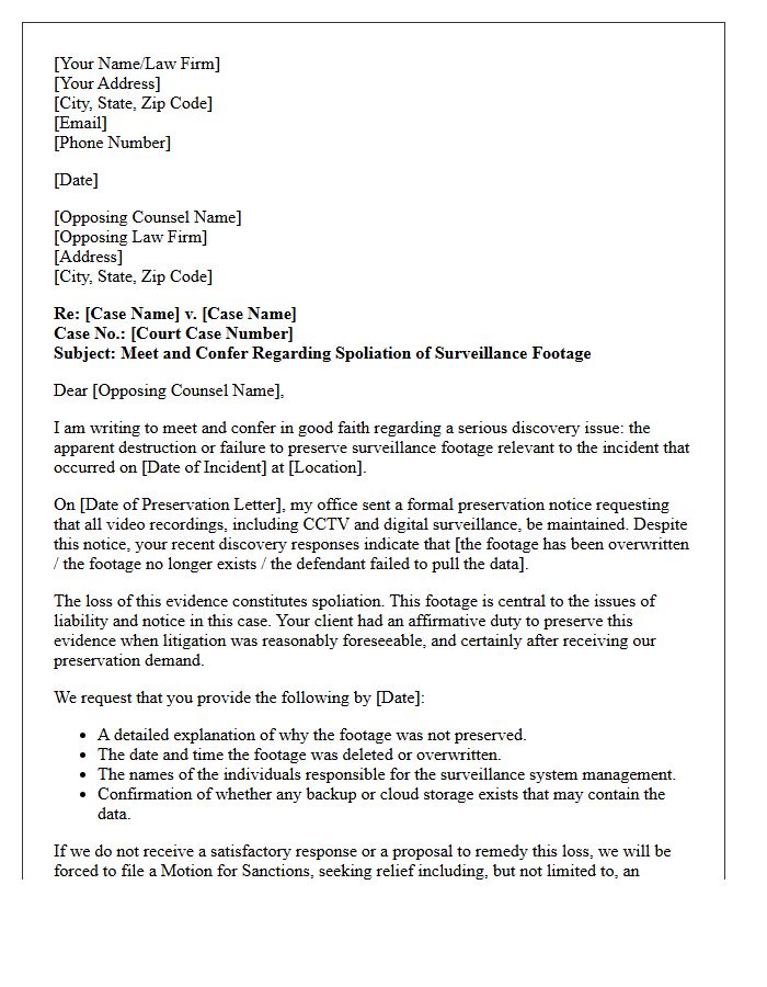 Meet and Confer Letter Regarding Spoliation of Surveillance Footage