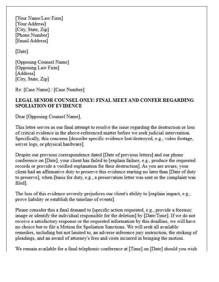Final Meet and Confer Letter Before Filing Spoliation Motion