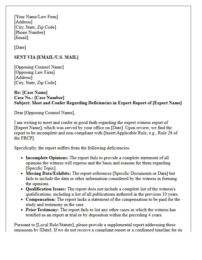 Meet and Confer Letter Regarding Incomplete Expert Witness Report Deficiencies