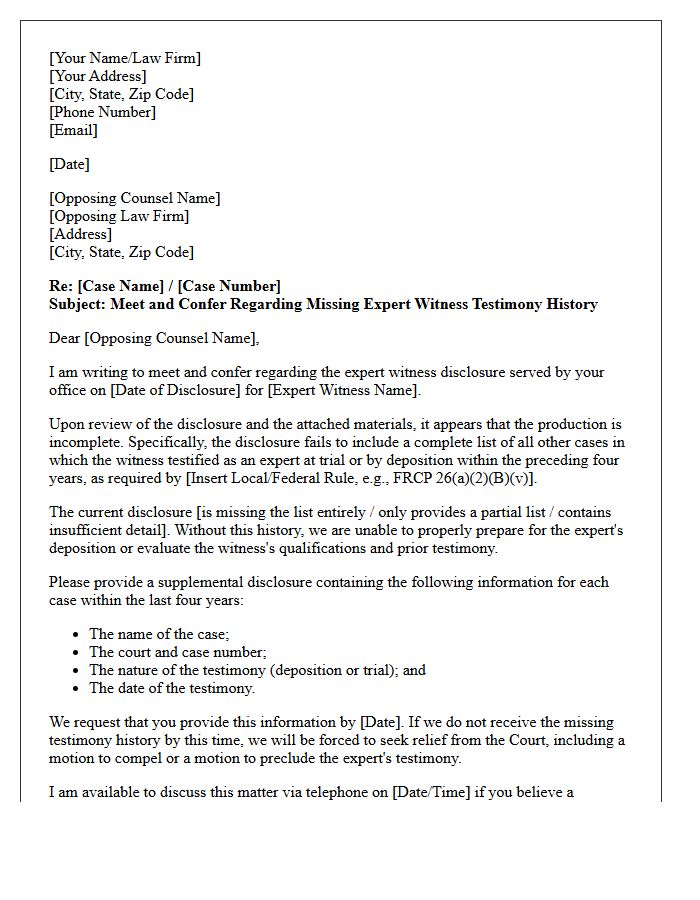 Meet and Confer Letter Regarding Missing Expert Witness Prior Testimony History